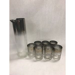 8pc Dorothy Thorpe Lusterware SILVER FADE Martini Set Pitcher Whiskey Glasses